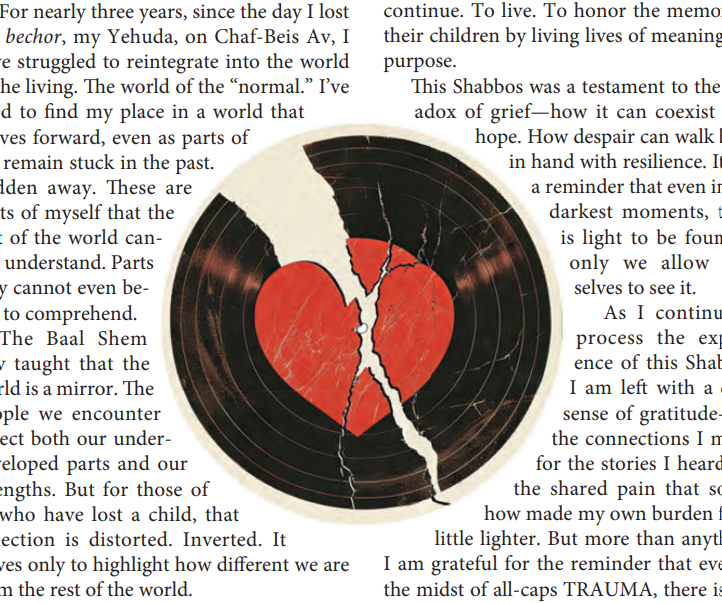 A broken vinyl record with a red heart at the center overlays text discussing grief and loss.