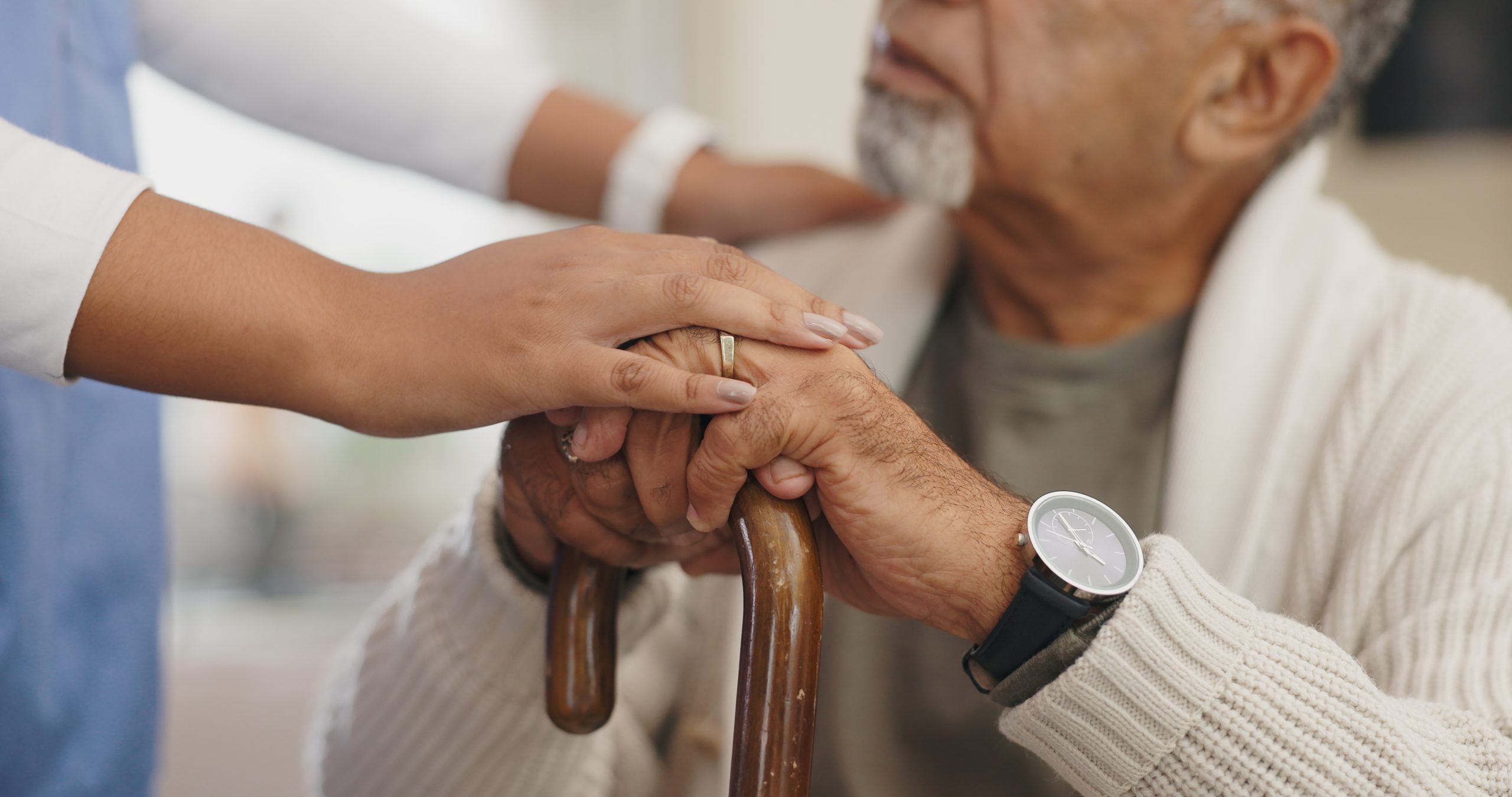 Senior care, support or hands of caregiver with person for healthcare service, wellness or empathy.