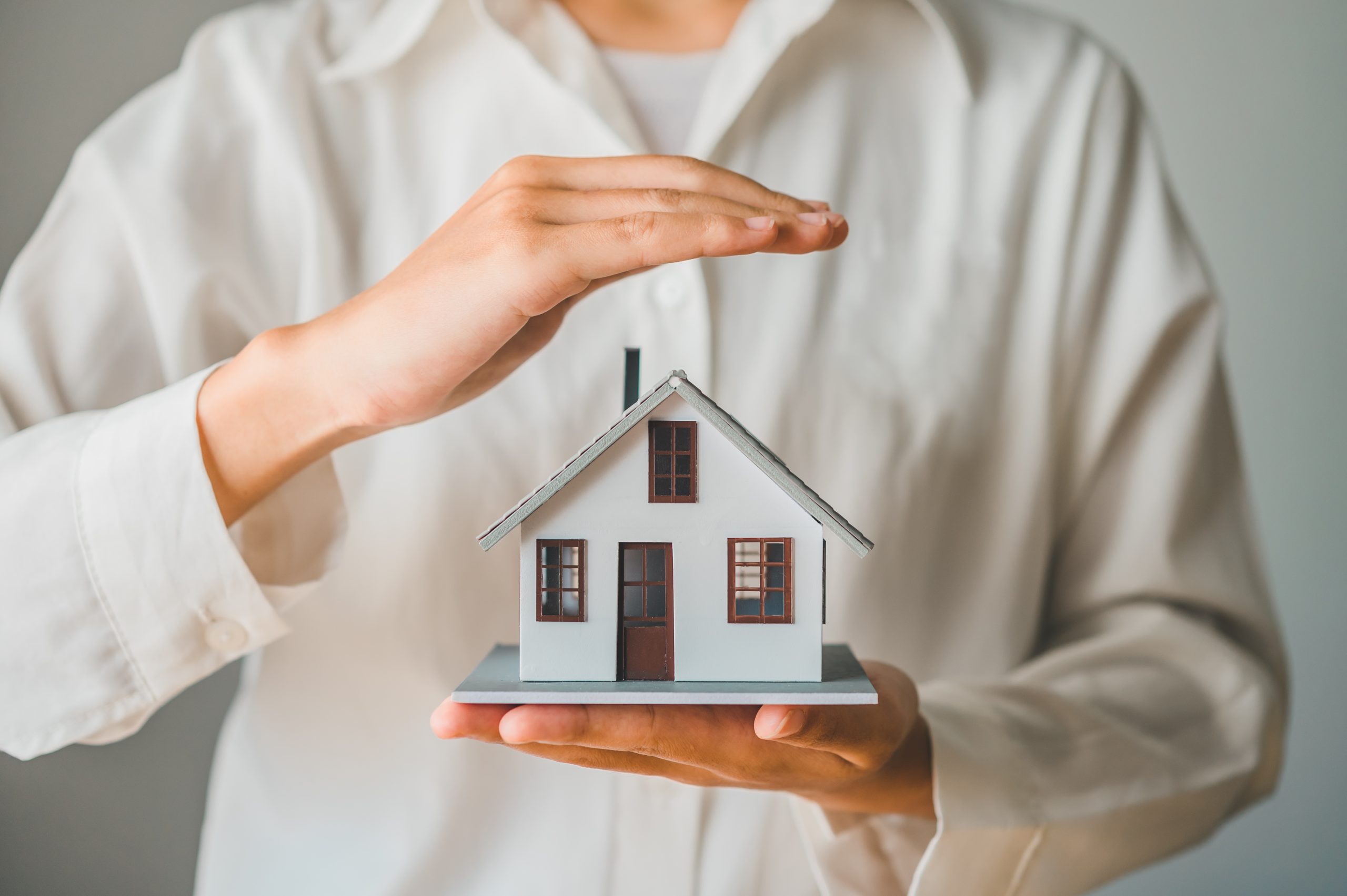 Small house held in one and in being protected over the roof by another.