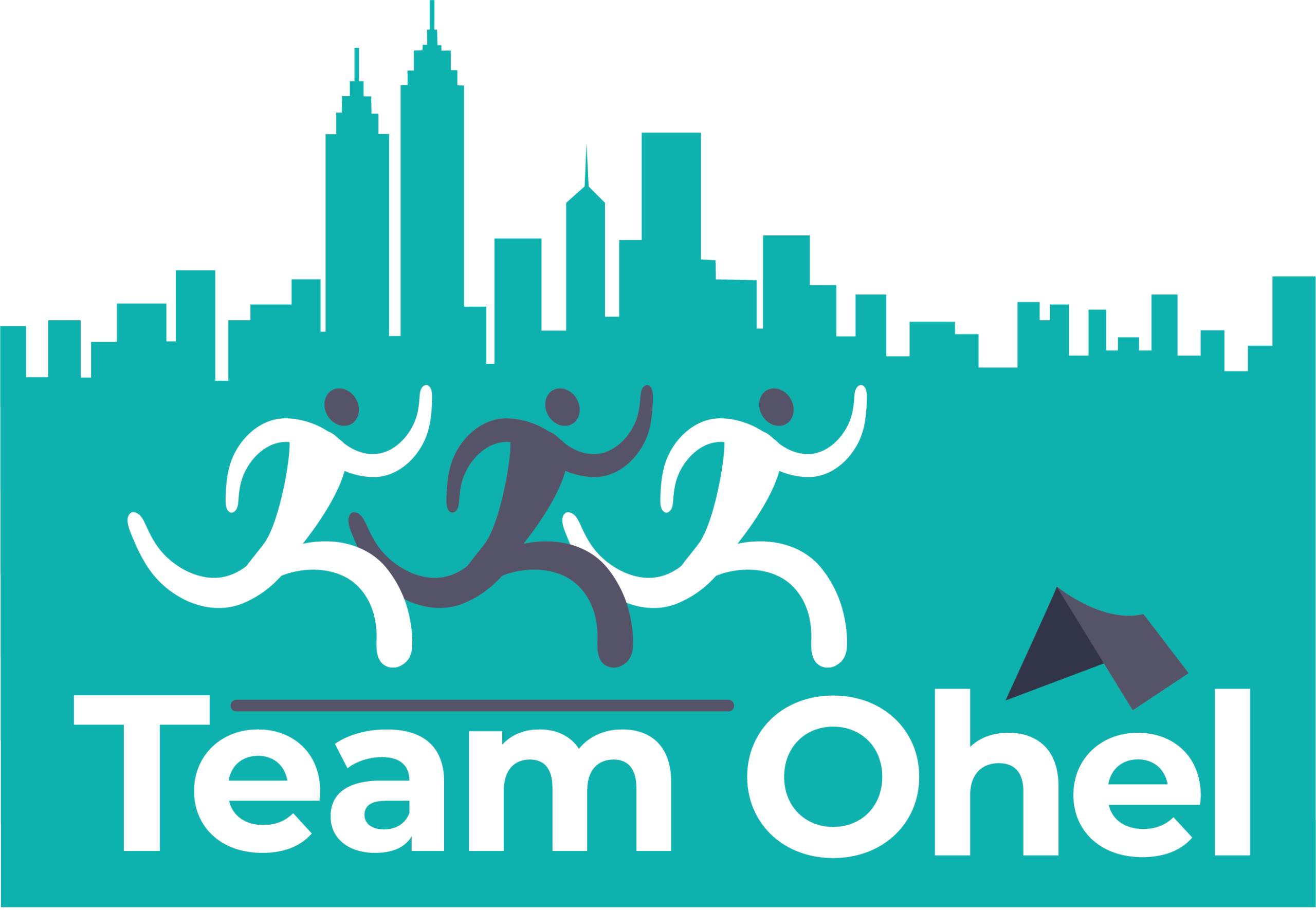 Team ohel logo featuring three clip art runners onf front a city scape